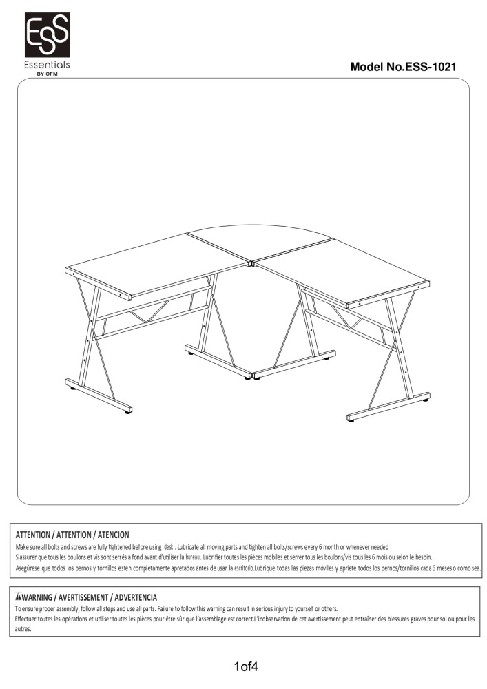 OFM Essentials Collection 60" Metal Frame LShaped Desk, Corner