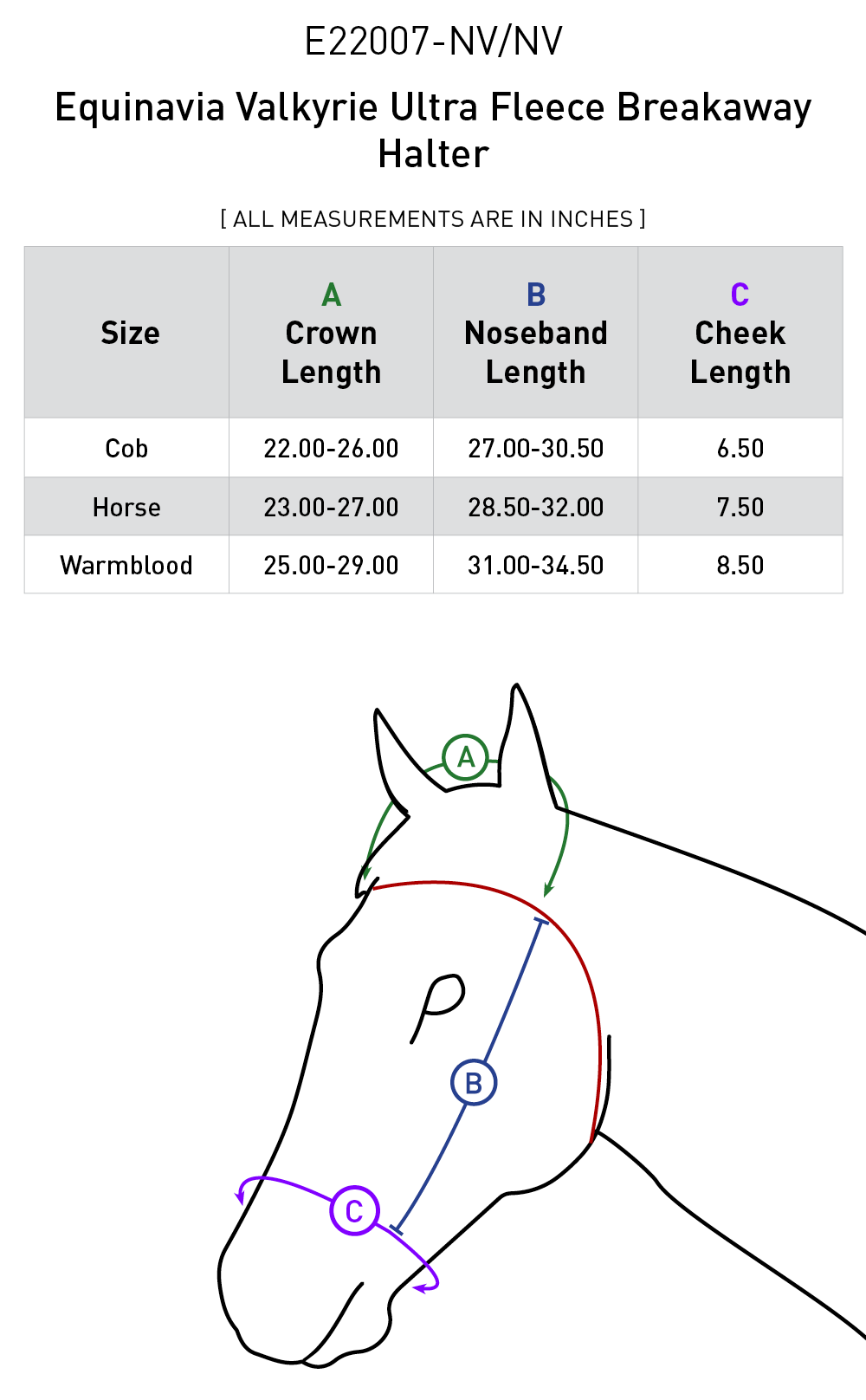 Size chart for Equinavia Valkyrie Ultra Fleece Breakaway Halter - Navy/Navy