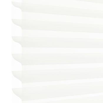 White pleated cellular blind with scalloped left edge, lowered and filtering soft daylight; occupies most of the frame, suggesting a bright interior with diffused light and no visible outside view.