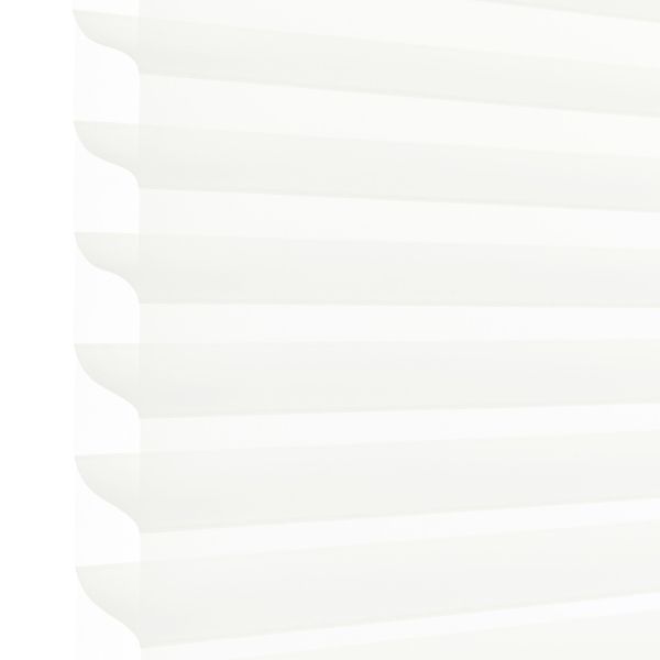 White pleated cellular blind with scalloped left edge, lowered and filtering soft daylight; occupies most of the frame, suggesting a bright interior with diffused light and no visible outside view.
