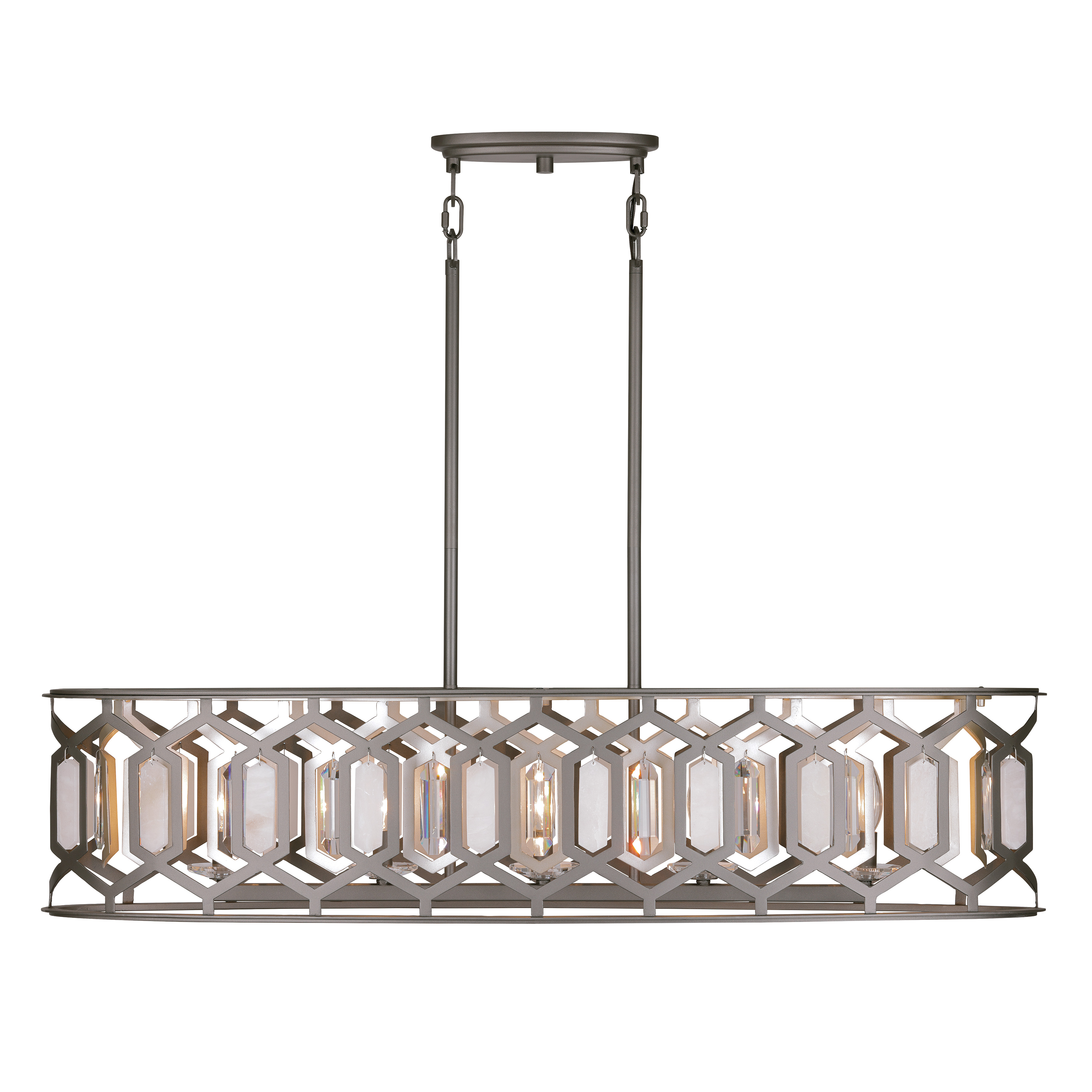 The Hexly brings contemporary elegance to kitchen islands and dining spaces with its striking 44-inch linear design. Bronze and sultry silver finishes combine with clear crystal and alabaster stone accents for a refined, jewelry-like aesthetic that elevates modern interiors. - alternate view