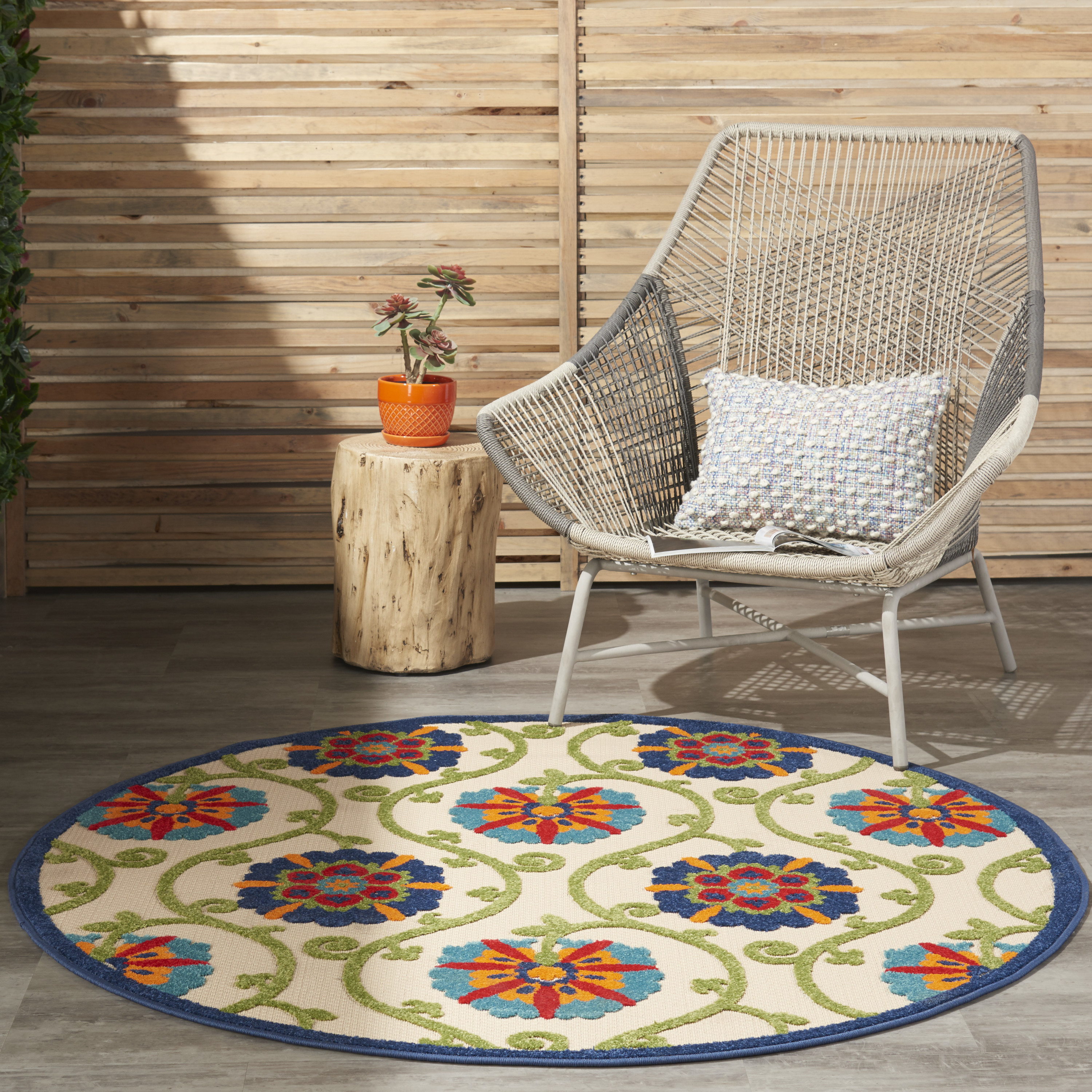 Nourison Aloha 5'3" x Round Blue Multicolor Contemporary Rug