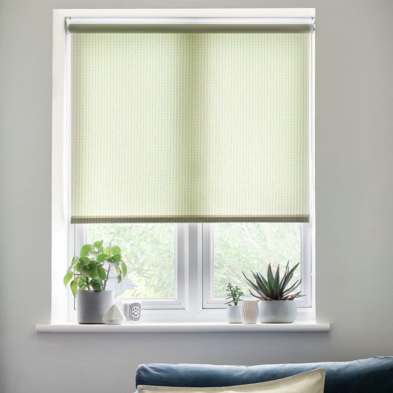 Pale green patterned roller blind, lowered to cover most of the window and softly filtering daylight; white-framed casement with potted plants on the sill, neutral gray walls and a sofa below.