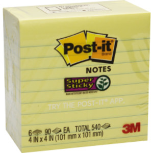 Super Sticky Notes, 4" x 4", Canary Yellow, Lined, 90 Sheets Per Pad, 6 Pads