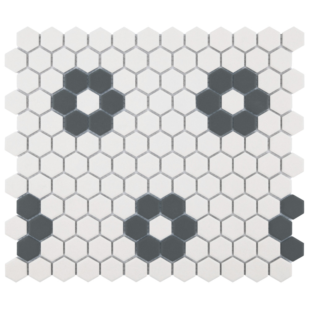 Sample – Gotham 1″ Hex White w/ Black Flower Porcelain Mosaic Tile