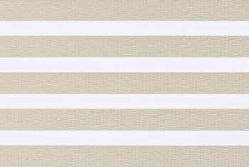 Layered horizontal-striped window blind (zebra style) across a window, alternating opaque white and beige woven sheer bands; closed in a neutral-lit interior, softly diffusing daylight.
