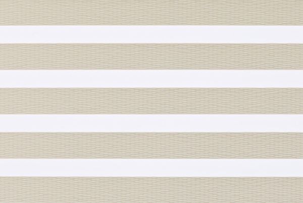 Layered horizontal-striped window blind (zebra style) across a window, alternating opaque white and beige woven sheer bands; closed in a neutral-lit interior, softly diffusing daylight.