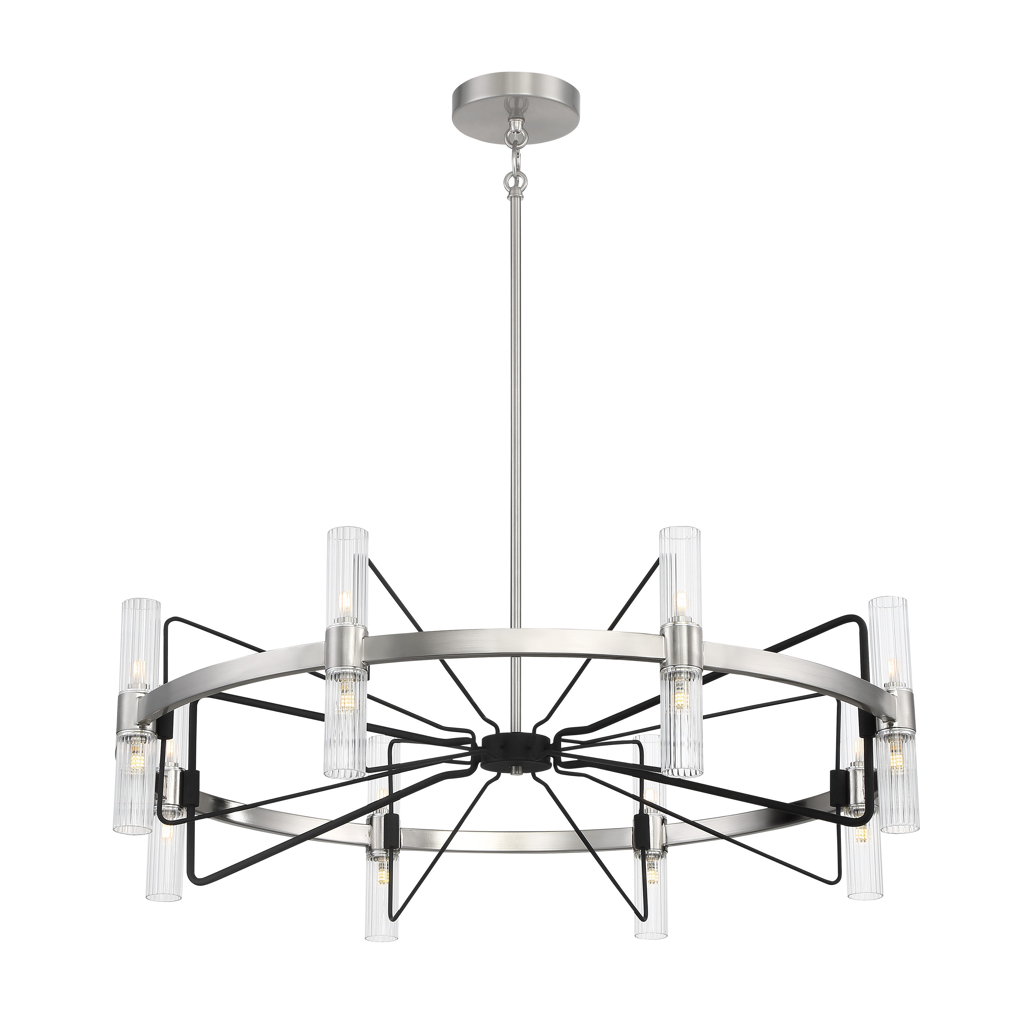 The Mass Transit pendant makes a dramatic impact with its 35-inch linear profile and distinctive ribbed glass shades. The brushed nickel finish with sand coal highlights adds depth and character, while integrated LED technology provides energy-efficient illumination. - alternate view