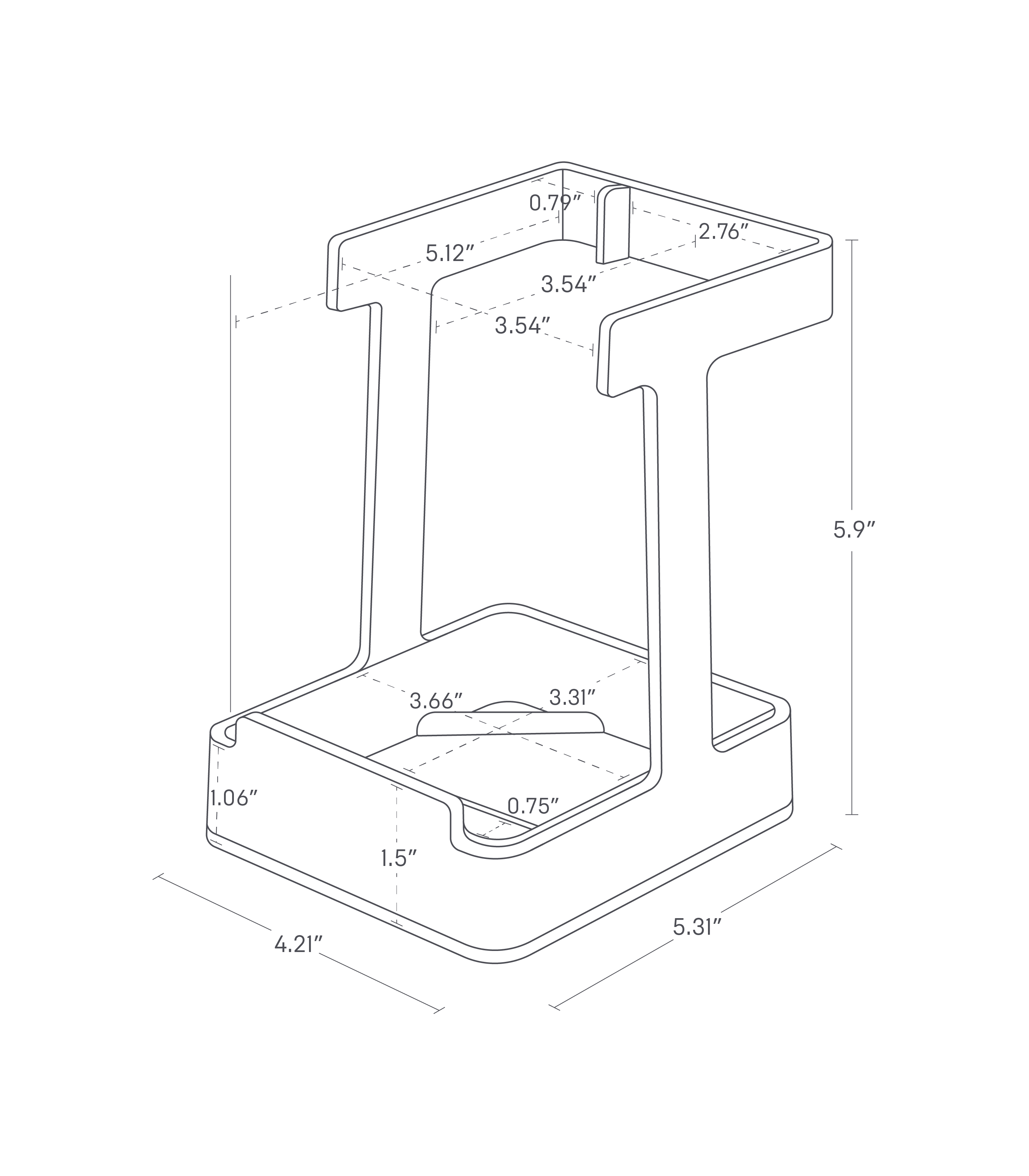 Dimension image for Lid & Ladle Stand - Large showing dimensions: height 5.9", top width 5.12", top depth 3.54", base width 4.21", base depth 5.31", insert width 3.66", insert depth 3.31", insert height 1.06", and small segment height 0.75