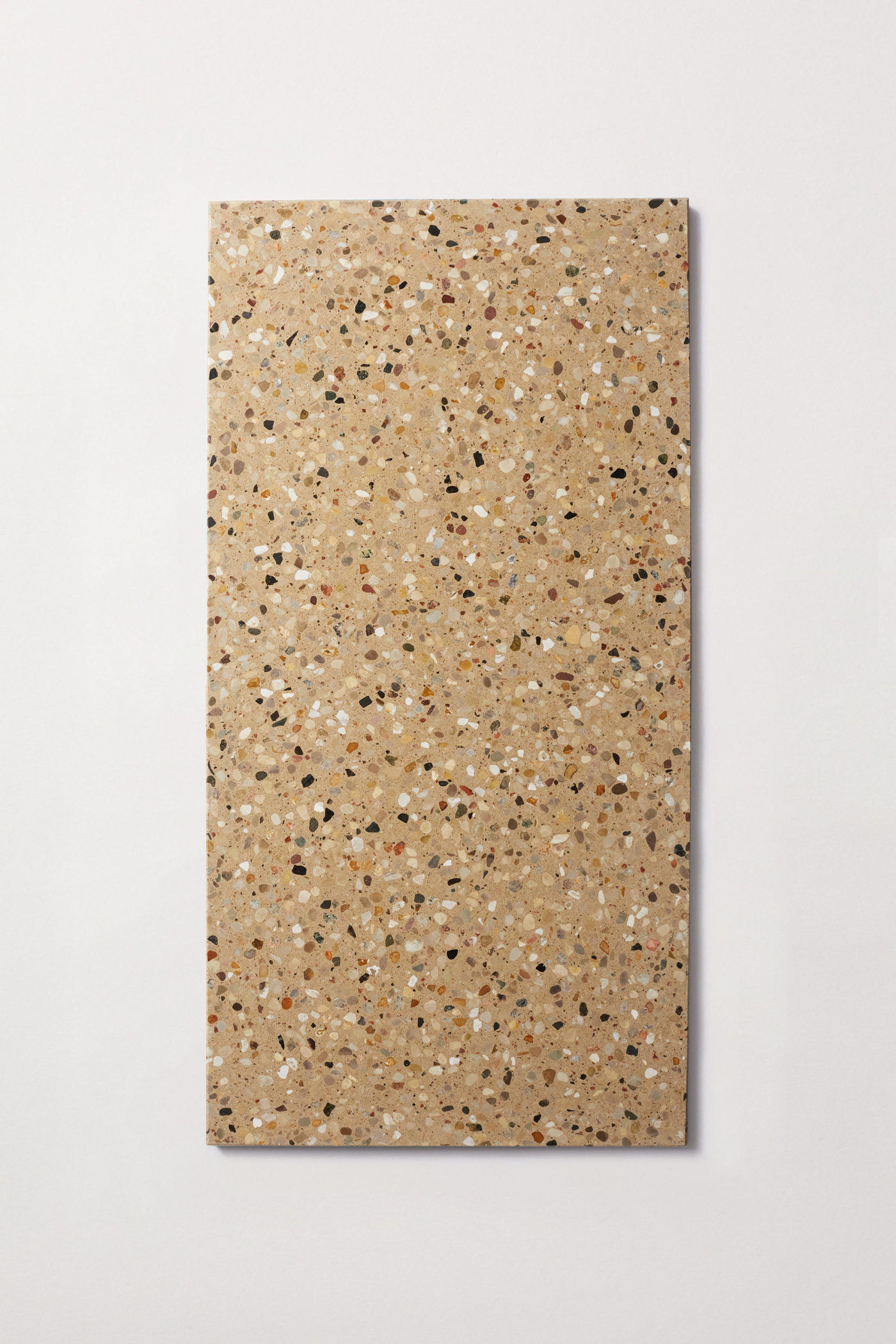 a beige rectangle tile with a terrazzo pattern on a white surface.