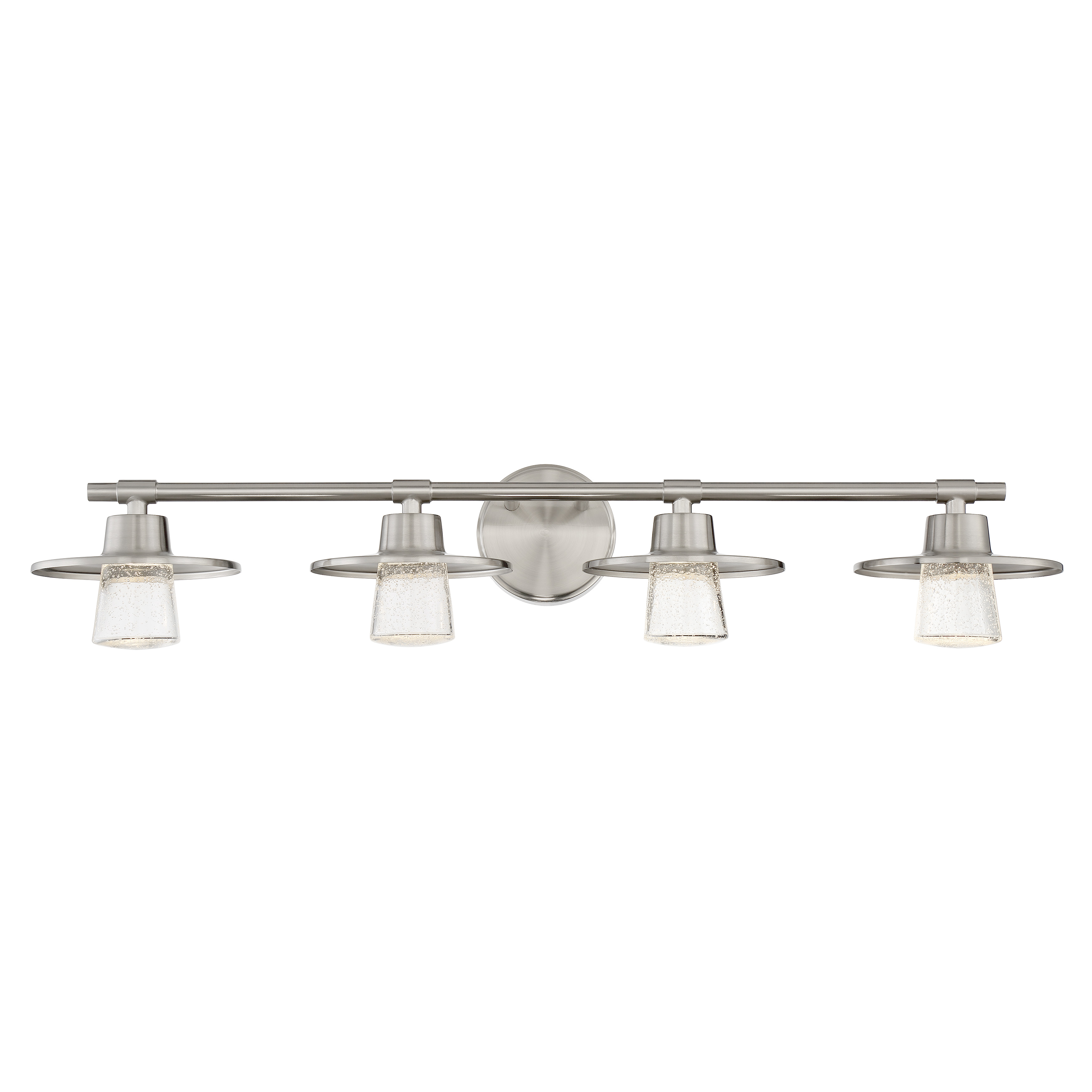 The Beacon Avenue bath light combines contemporary styling with practical LED illumination. Its 32.5-inch width makes it ideal for double vanities, while the brushed nickel finish and seeded glass shades add sophisticated texture. - alternate view