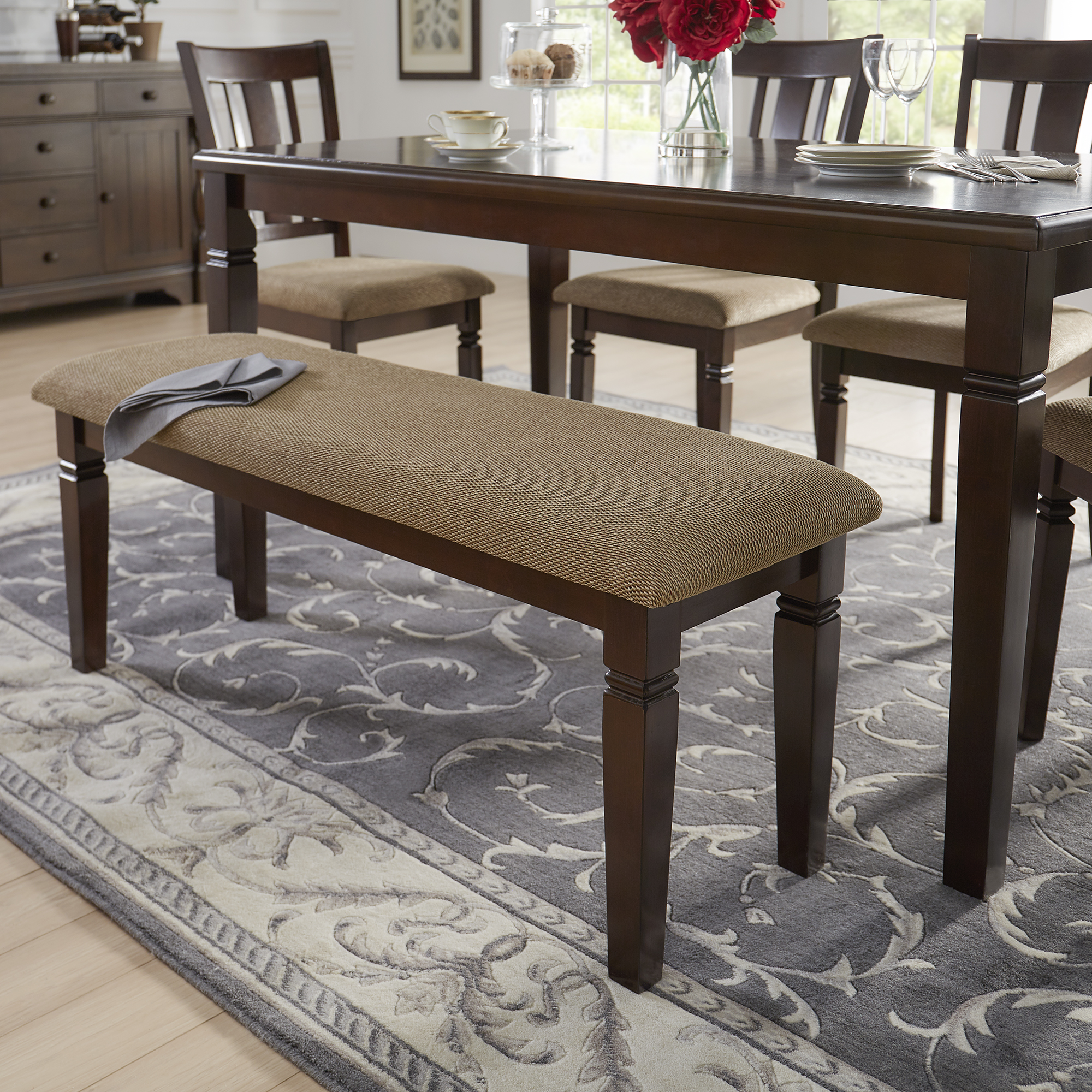 Espresso Finish Upholstered Dining Bench