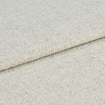 Beige woven fabric folded once, overlapping to show its edge; coarse boucle-like weave texture visible; close-up, even studio lighting on a neutral surface.