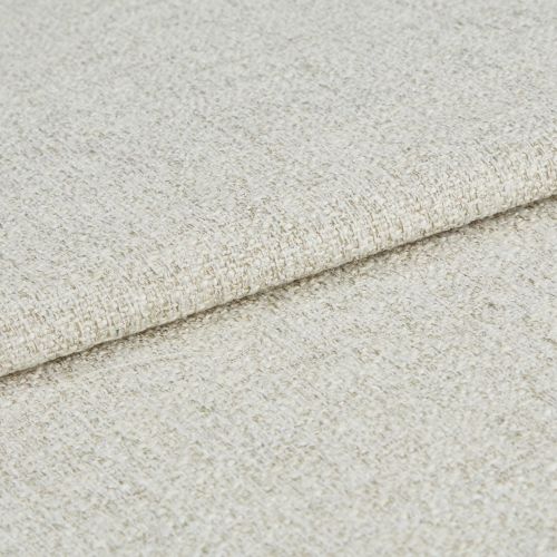 Beige woven fabric folded once, overlapping to show its edge; coarse boucle-like weave texture visible; close-up, even studio lighting on a neutral surface.