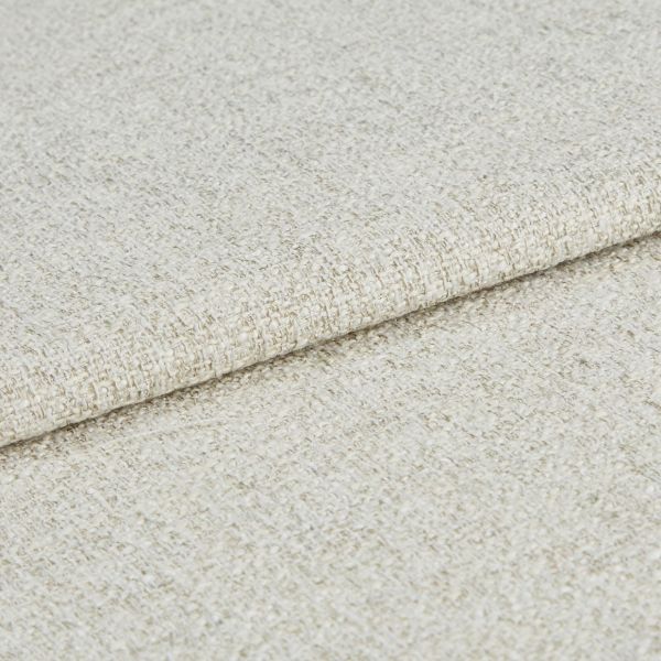 Beige woven fabric folded once, overlapping to show its edge; coarse boucle-like weave texture visible; close-up, even studio lighting on a neutral surface.
