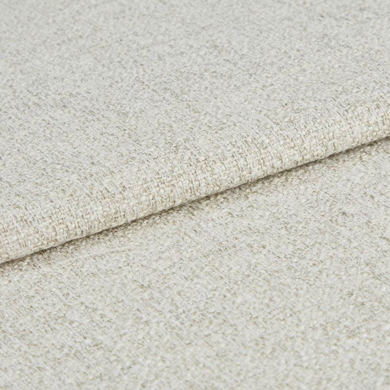 Beige woven fabric folded once, overlapping to show its edge; coarse boucle-like weave texture visible; close-up, even studio lighting on a neutral surface.