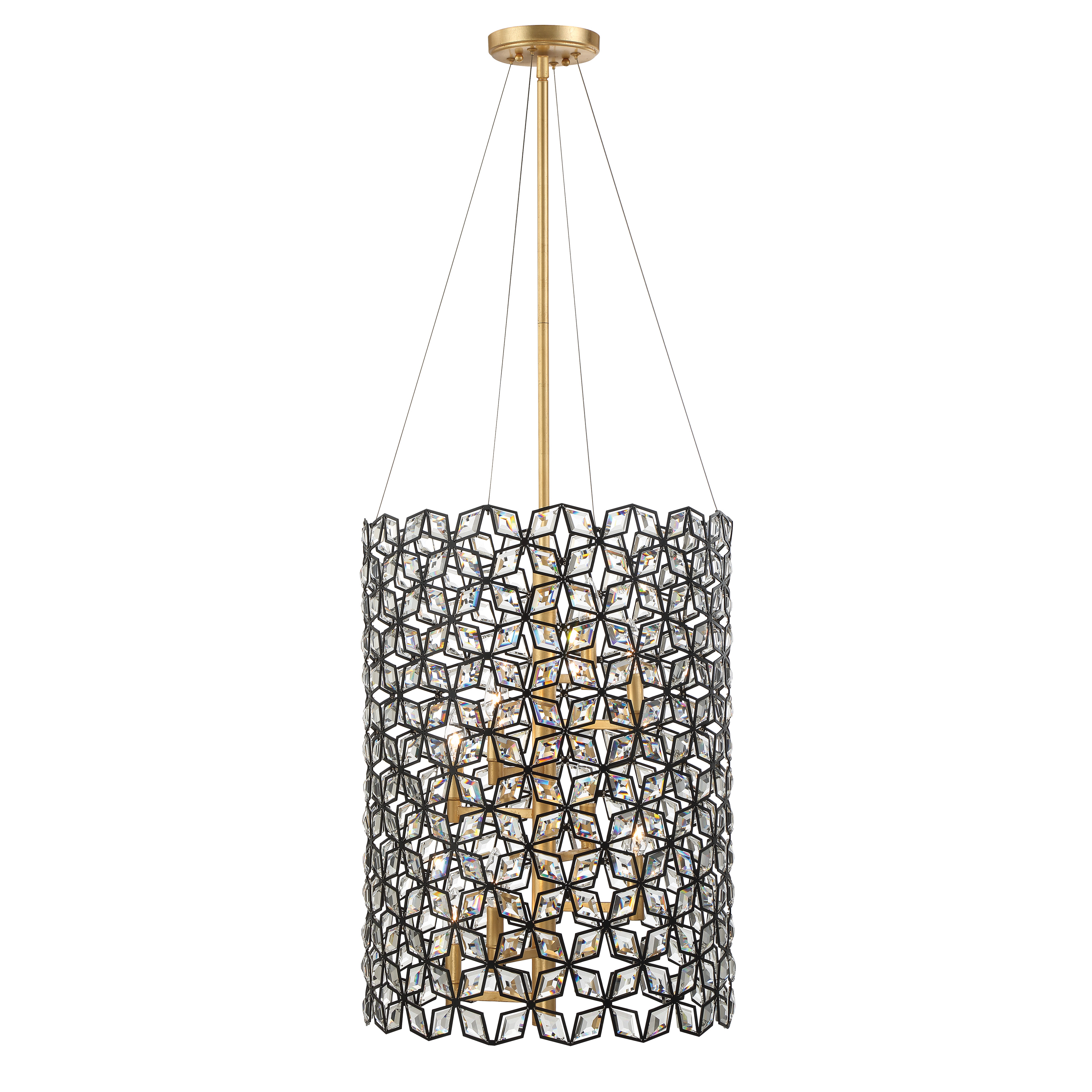The Brookcrest 8-light pendant combines contemporary styling with timeless crystal elegance. Its sand coal finish with gold highlights creates sophisticated contrast, while crystal glass shades add sparkle and refinement to any space. - alternate view