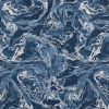 Blue-and-white marbled textile pattern (object) swirls in fluid, painterly strokes across the surface (action) as an abstract, flat decorative design evoking water or agate in deep navy tones (context).