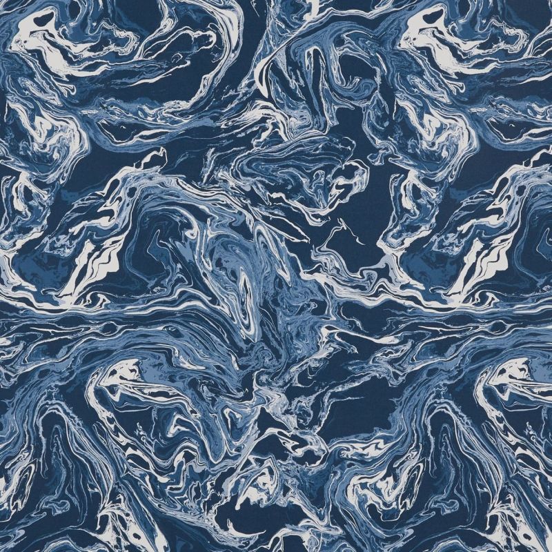 Blue-and-white marbled textile pattern (object) swirls in fluid, painterly strokes across the surface (action) as an abstract, flat decorative design evoking water or agate in deep navy tones (context).