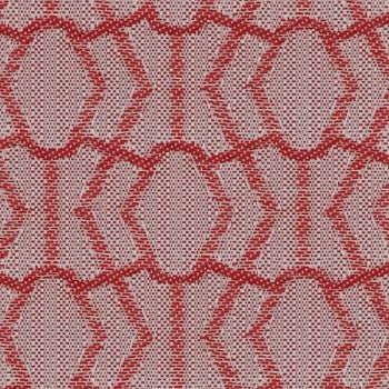 Woven fabric featuring repeating red geometric oval-and-hexagon motifs; lying flat and showing textured woven holes; close-up view with even lighting, suggesting upholstery or wallpaper.