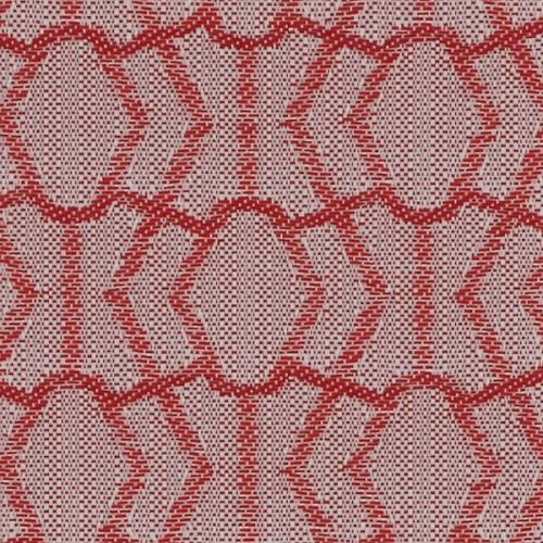 Woven fabric featuring repeating red geometric oval-and-hexagon motifs; lying flat and showing textured woven holes; close-up view with even lighting, suggesting upholstery or wallpaper.