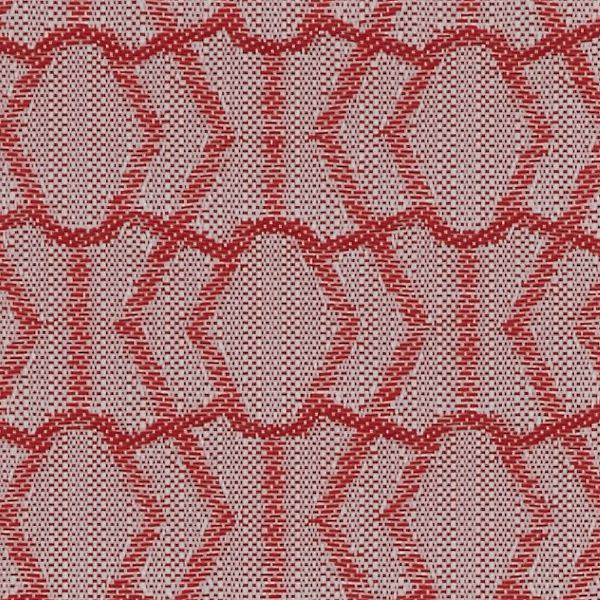Woven fabric featuring repeating red geometric oval-and-hexagon motifs; lying flat and showing textured woven holes; close-up view with even lighting, suggesting upholstery or wallpaper.
