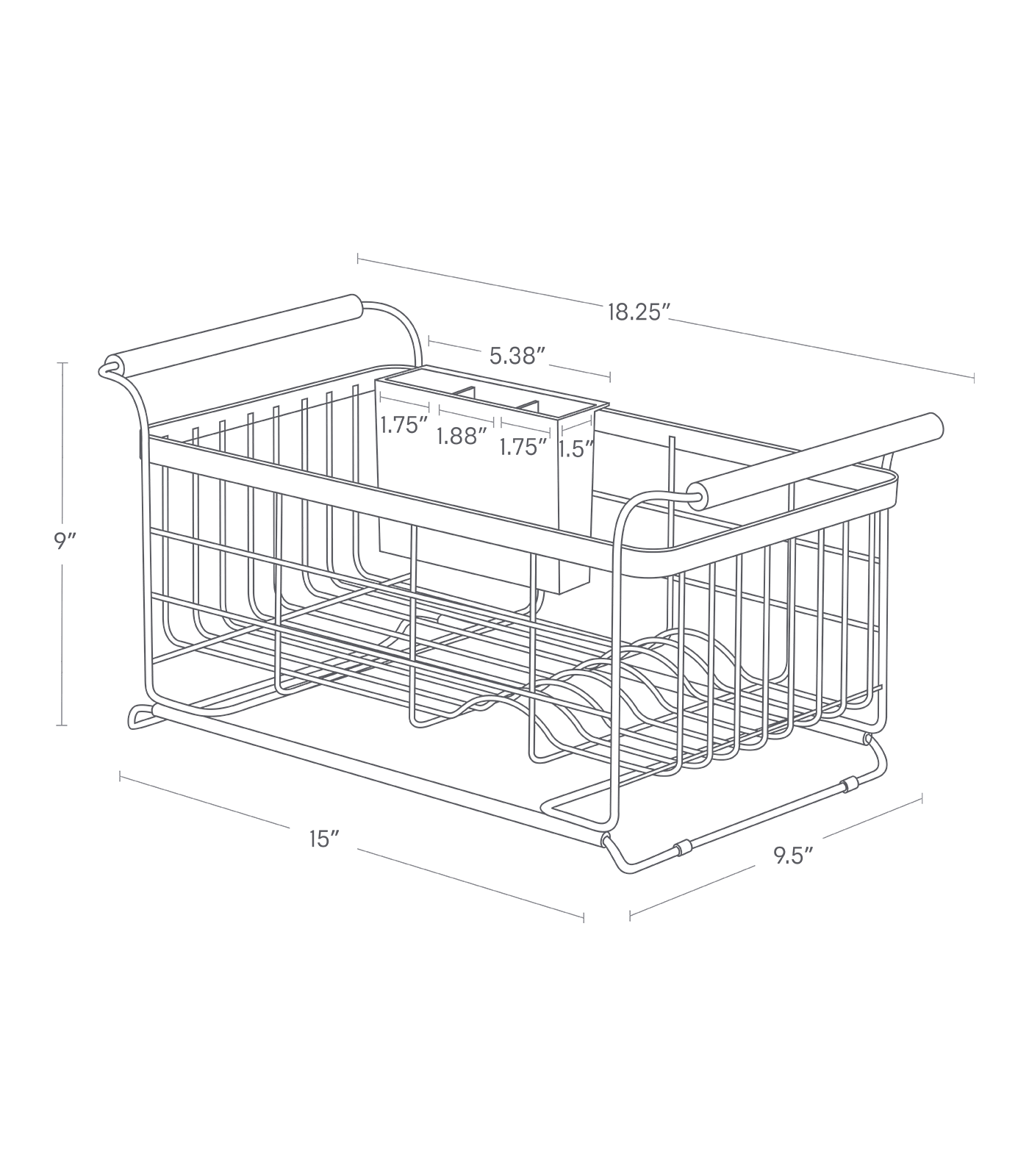 Dimension image for Over-the-Sink Dish Rack on a white background including dimensions L 9.65 x W 18.31 x H 8.66 inches.