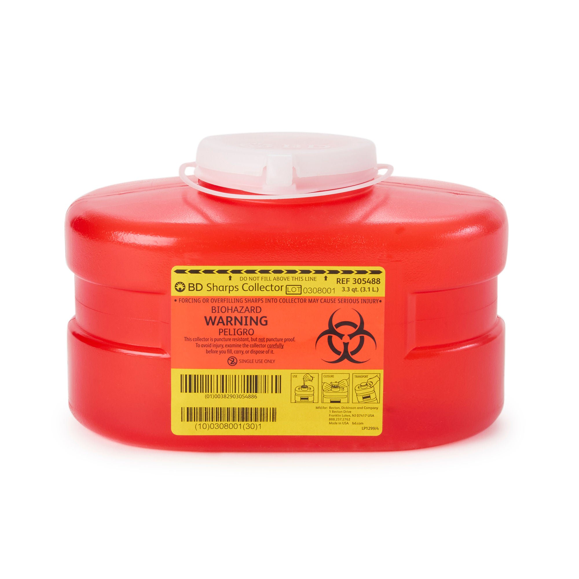 BD Red Sharps Container, 3.3 Quart, 5.3 x 9.1 x 5 Inch