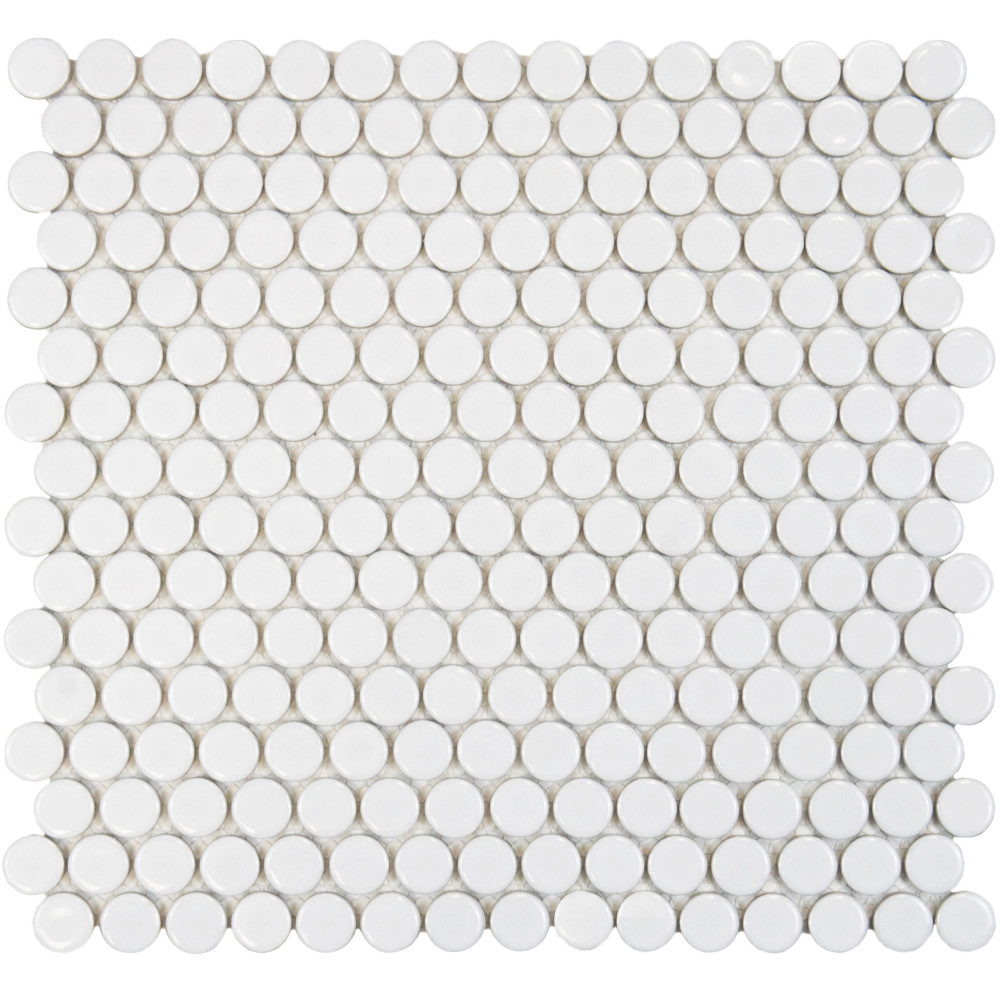 Hudson Penny Round Glossy White 11-7/8 in. x 12-5/8 in. Porcelain Mosaic Tile