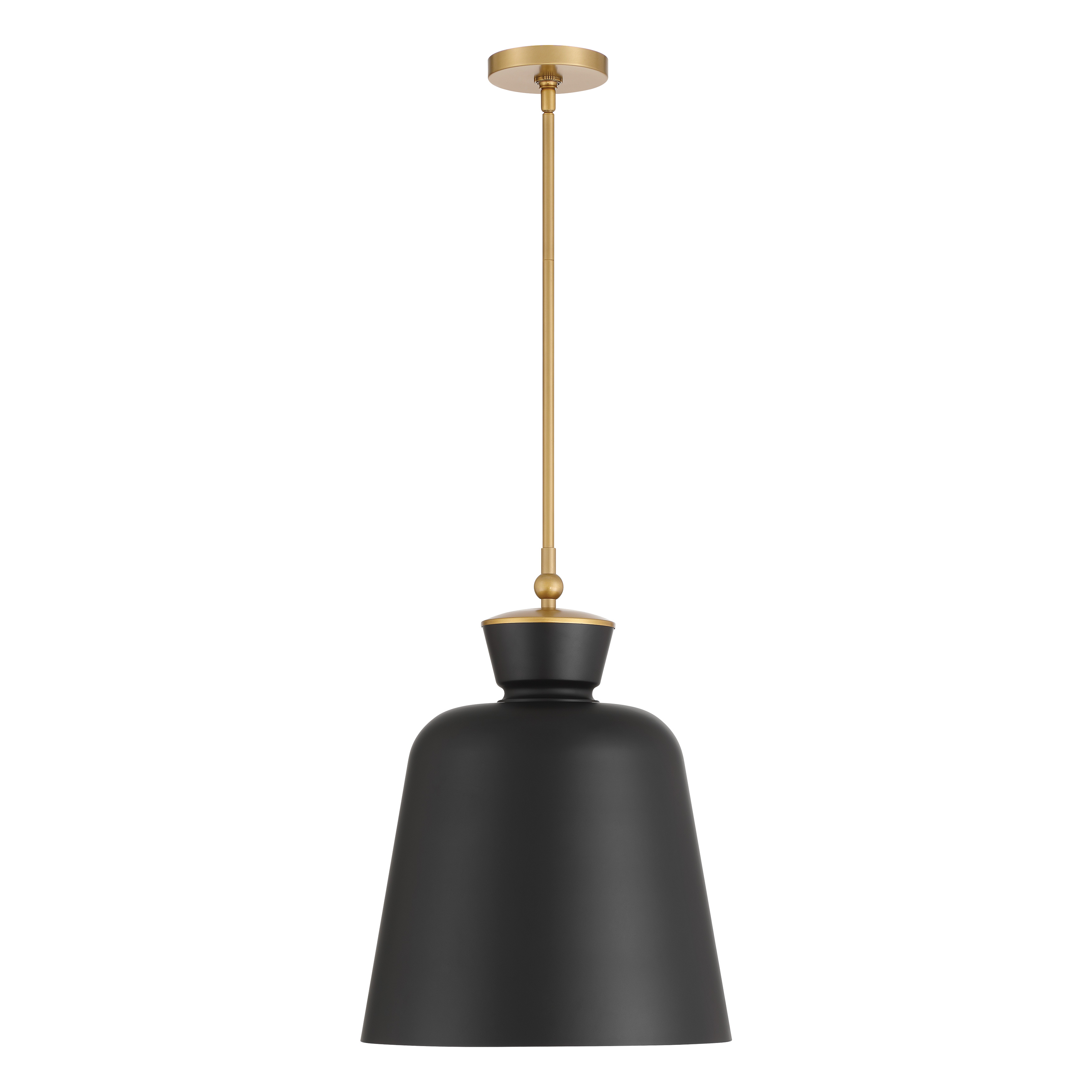 The Holloway pendant combines dark matte black with legacy brass accents for a sophisticated transitional look. At 15 inches wide, it's perfectly sized for kitchen islands, dining areas, and entryways. The steel construction ensures durability while the dimmable feature provides lighting flexibility. - alternate view