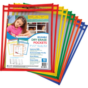 Reusable Dry Erase Pockets, Primary Colors, 9 x 12, Pack of 10