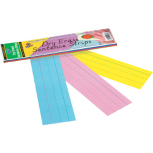 Dry Erase Sentence Strips, 3 Assorted Colors, 1-1/2" X 3/4" Ruled, 3" x 12", 30 Strips