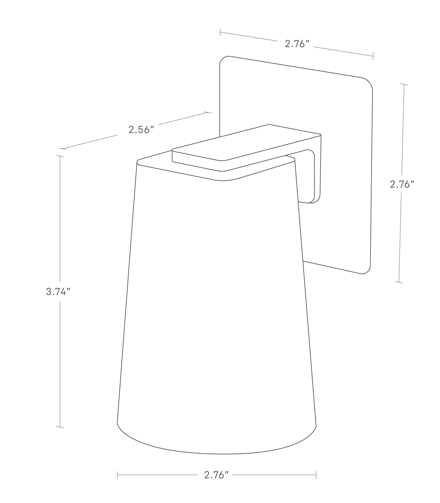 Dimenision image for Traceless Adhesive Magnetic Cupon a white background showing total width of 2.76 inches, length of 2.56 inches, height of 3.74 inches. The film of Traceless Adhesive shows width and length of 2.76 inches.