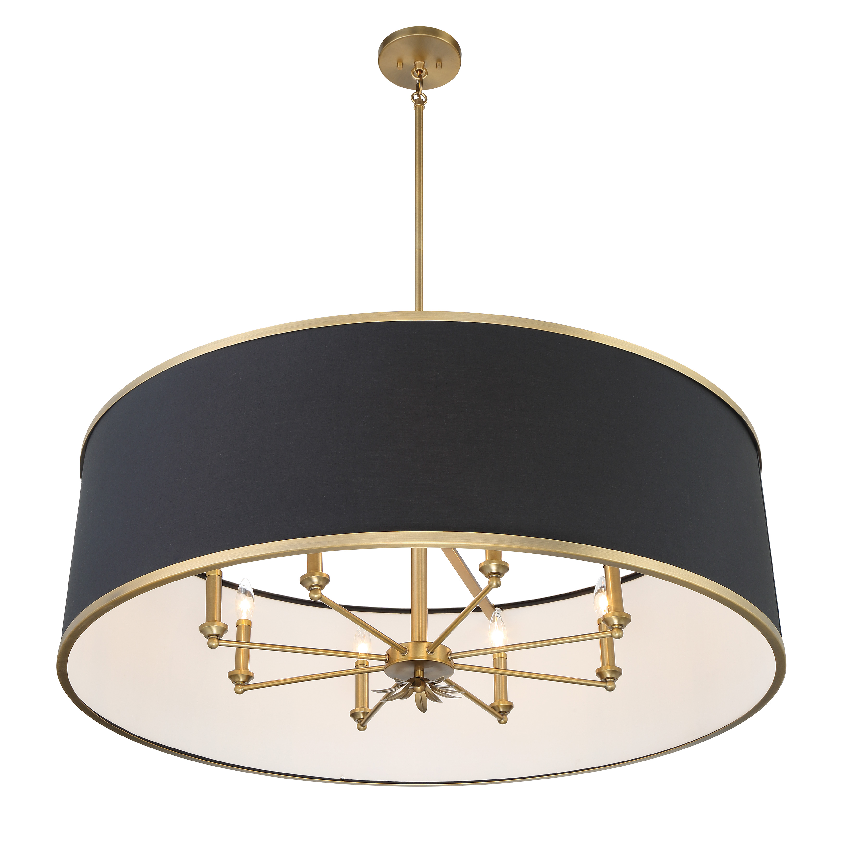 The Caprio pendant combines contemporary sophistication with warm brass tones and soft fabric shades. Its generous 40-inch width and 8-light configuration create dramatic illumination perfect for large dining spaces and grand entryways. - alternate view