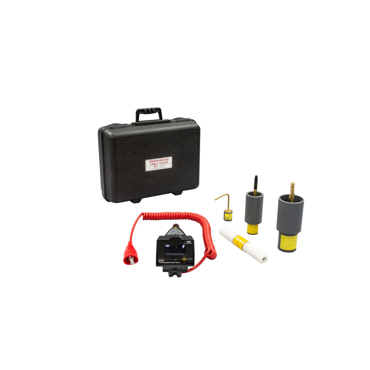 Compact and lightweight solution for underground cable testing.  DC Hi-Pot test of de-energized, shielded underground primary cable.  No external power required - self-contained 8kVDC voltage source.  Can be used up to a distance of 1500 ft (457m).  Clear and simple test results - analog bar graph and indication of good or faulted cable. Safety feature - measures AC voltage before converting to a DC voltage tester.  Lightweight, single hot stick operation for testing cable