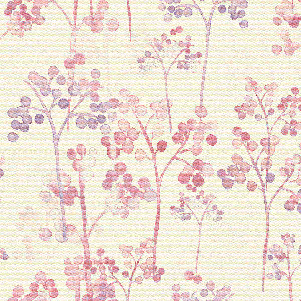 Delicate watercolor branches rise upward, bearing clustered pink and lavender round leaves; soft stems repeat across a cream, textured background, creating a subtle floral wallpaper pattern.