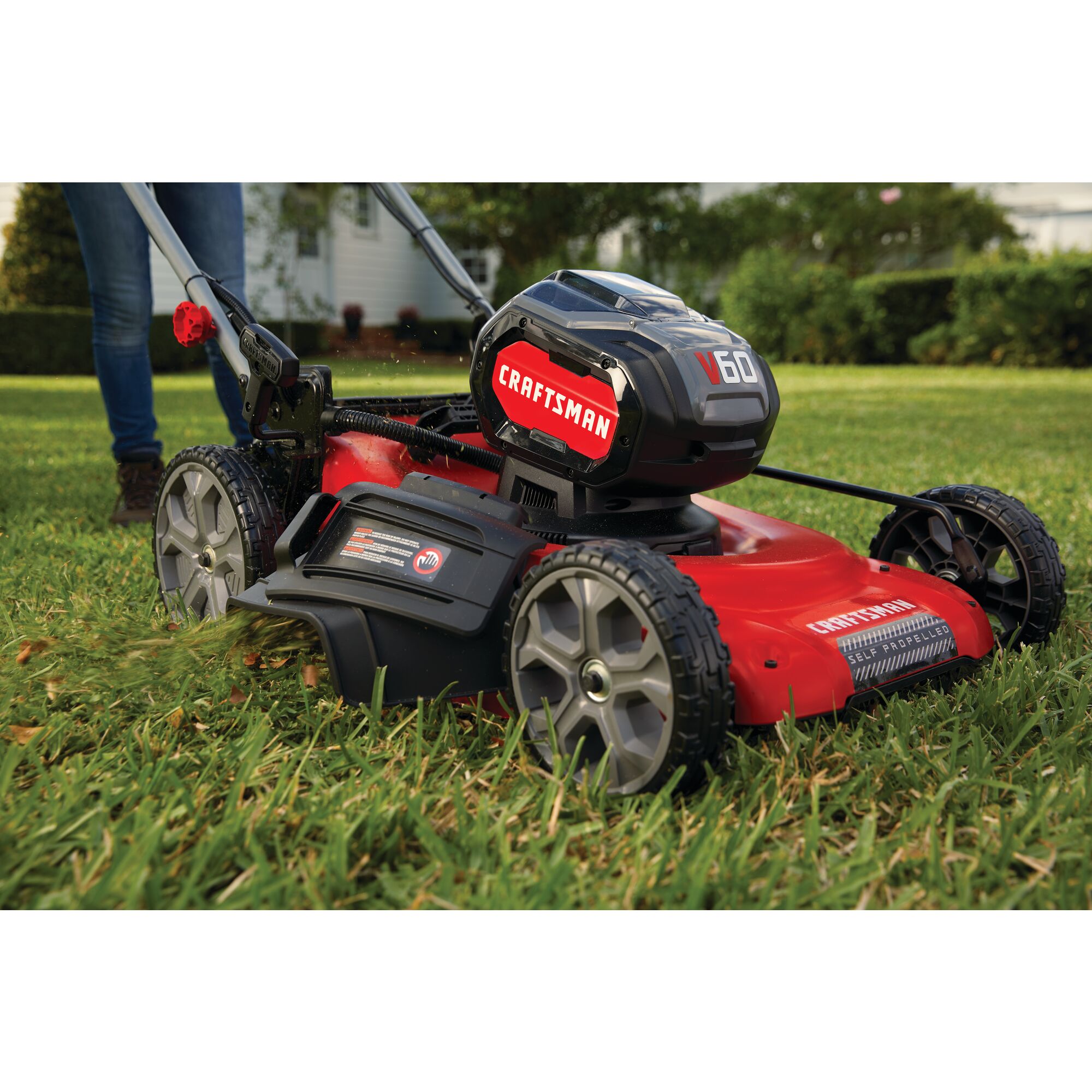 Mulching bagging and side discharging feature of volt 60 cordless 21 inch 3 in 1 self propelled lawn mower kit 7.5 Amp hour.