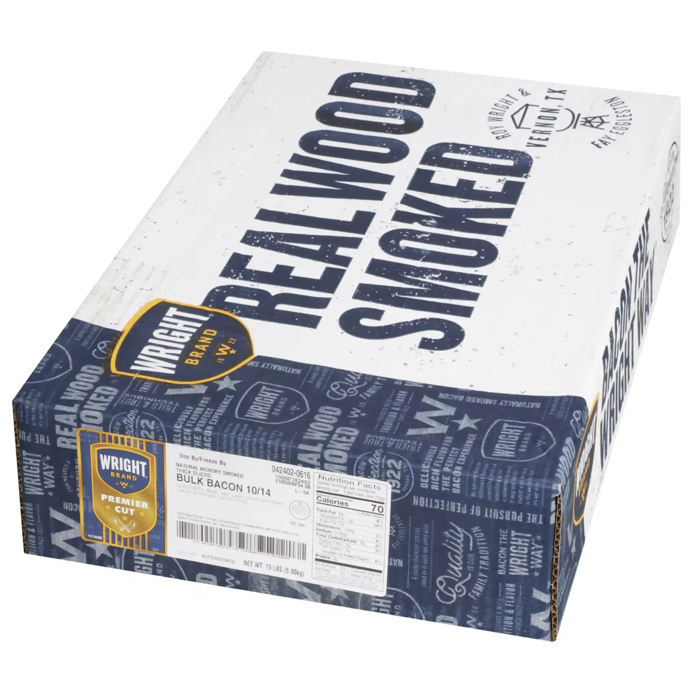 Wright® Brand Naturally Hickory Smoked Thick Sliced Bacon, Bulk, 15 Lbs, 10-14 Slices per Pound, Gas Flushed_image_5