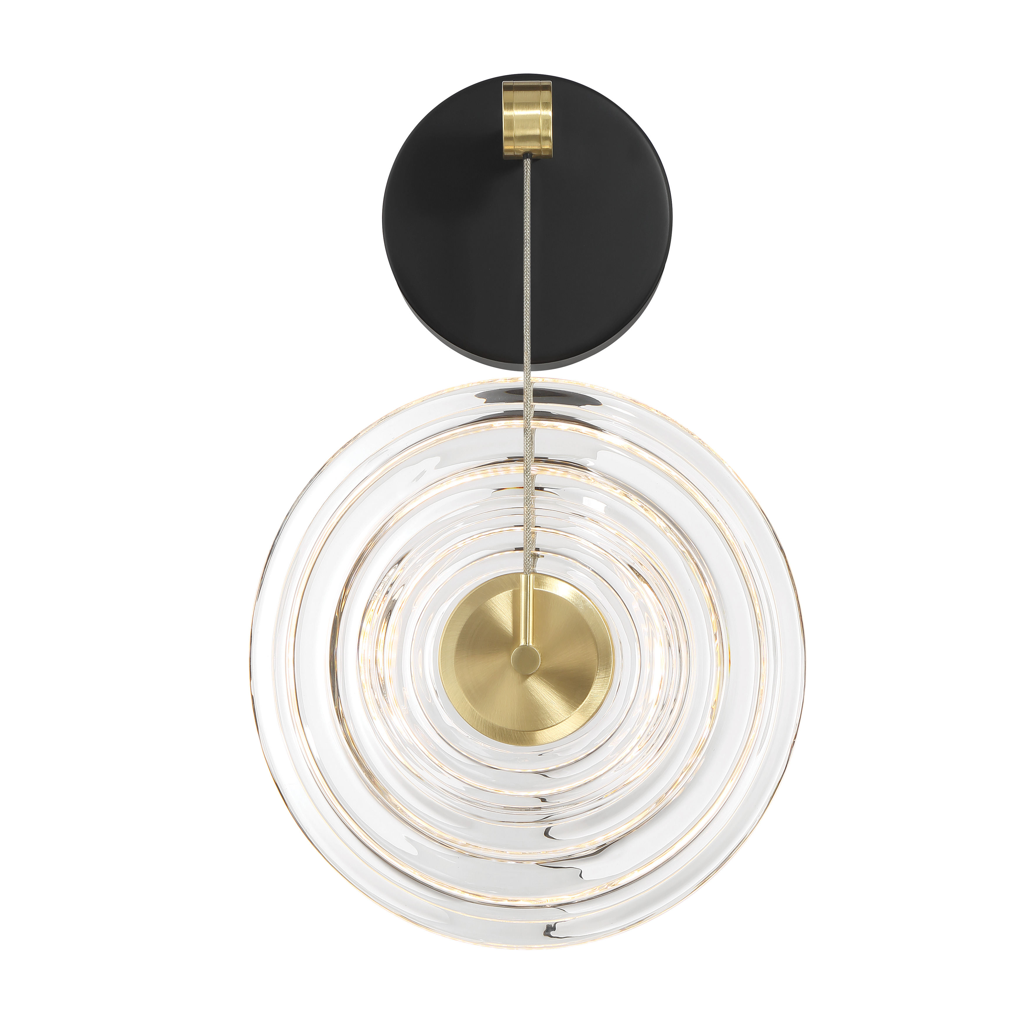 The Topknot wall sconce combines coal black and brushed gold finishes with clear pressed glass for a sophisticated contemporary look. Energy-efficient LED technology delivers warm, dimmable light perfect for ambient or task lighting. - alternate view