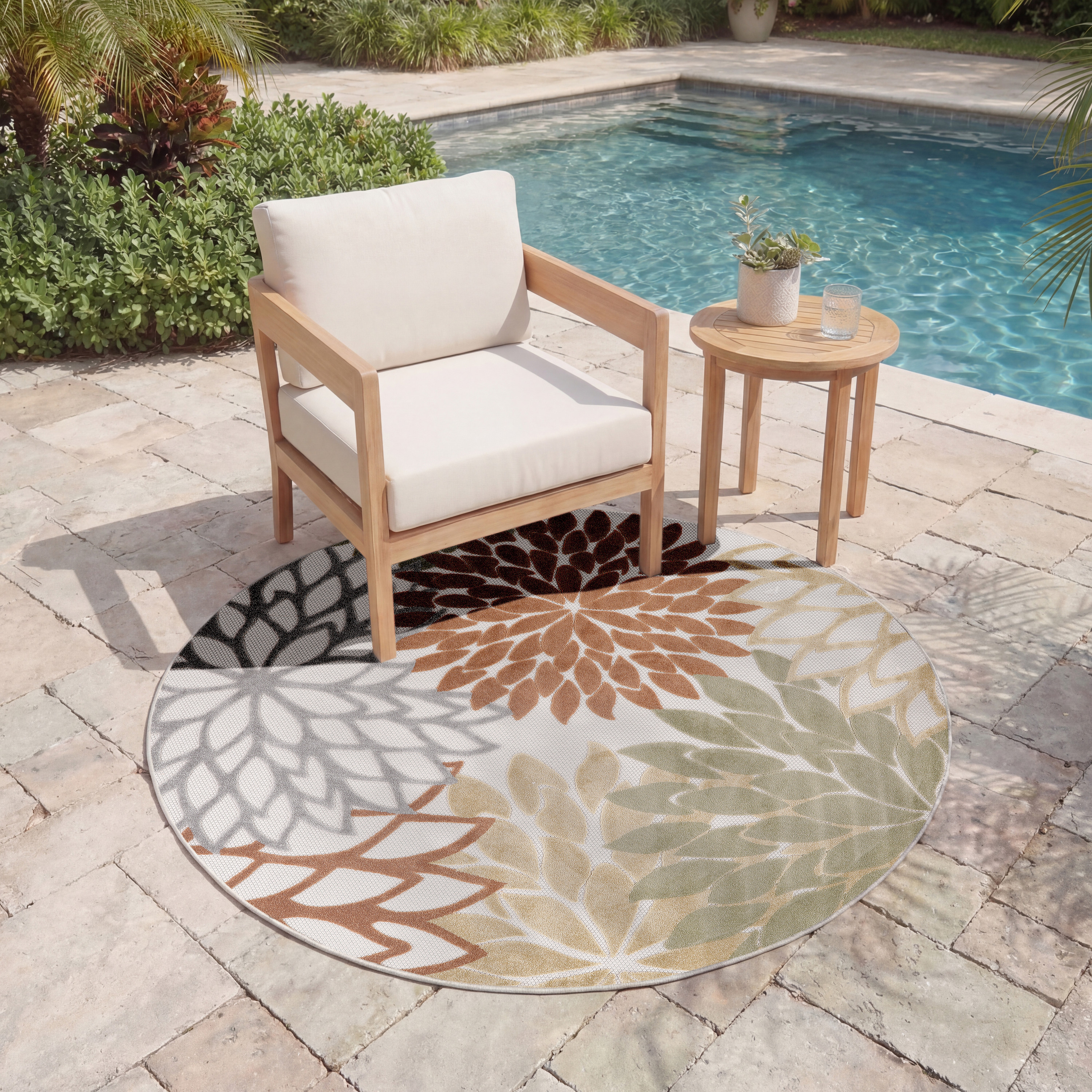 Nourison Aloha 5'3" x Round Ivory Multicolor Outdoor Rug