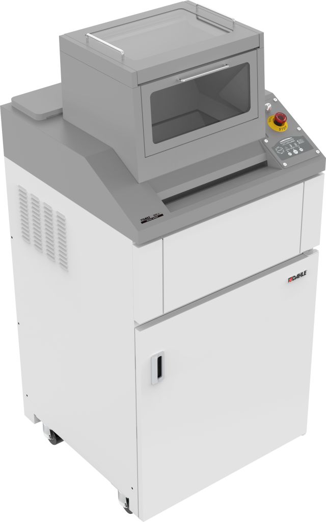 The Dahle PowerTEC® 909 HS- Hopper Shredder destroys large quantities of sensitive documents and optical media.