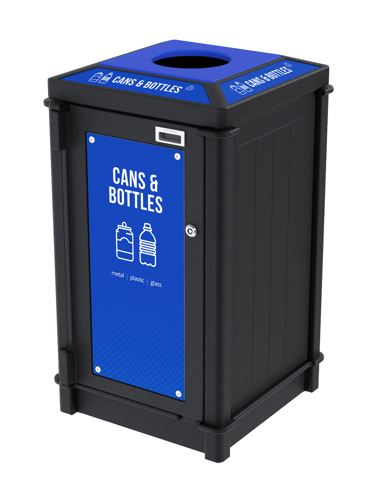 black recycled plastic recycling container with top circle opening lid for collecting cans and bottles with high impact signs and labels