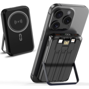 10,000mAh Magnetic Wireless Power Bank with Metal Stand + Built-in Cables, Black