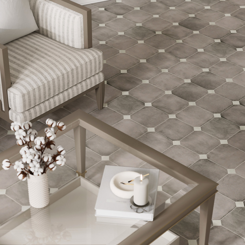 Laverton Octagon Gris with Taco Nieve 7-7/8 in. x 7-7/8 in. Porcelain Floor and Wall Tile