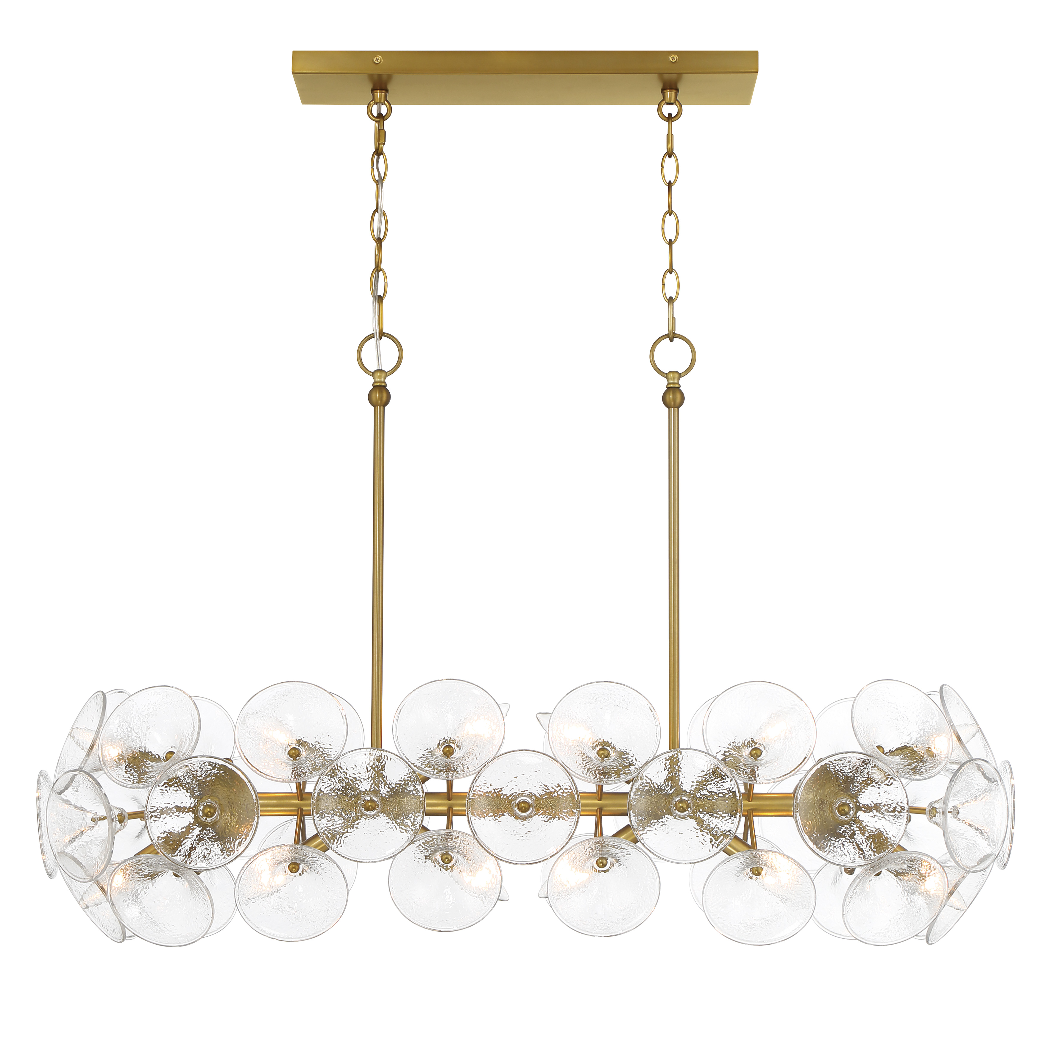 The Winter collection brings sophisticated illumination to dining and kitchen spaces with its linear design featuring 12 candelabra lights. Textured clear fluted glass shades paired with soft brass create a warm, inviting ambiance. - alternate view