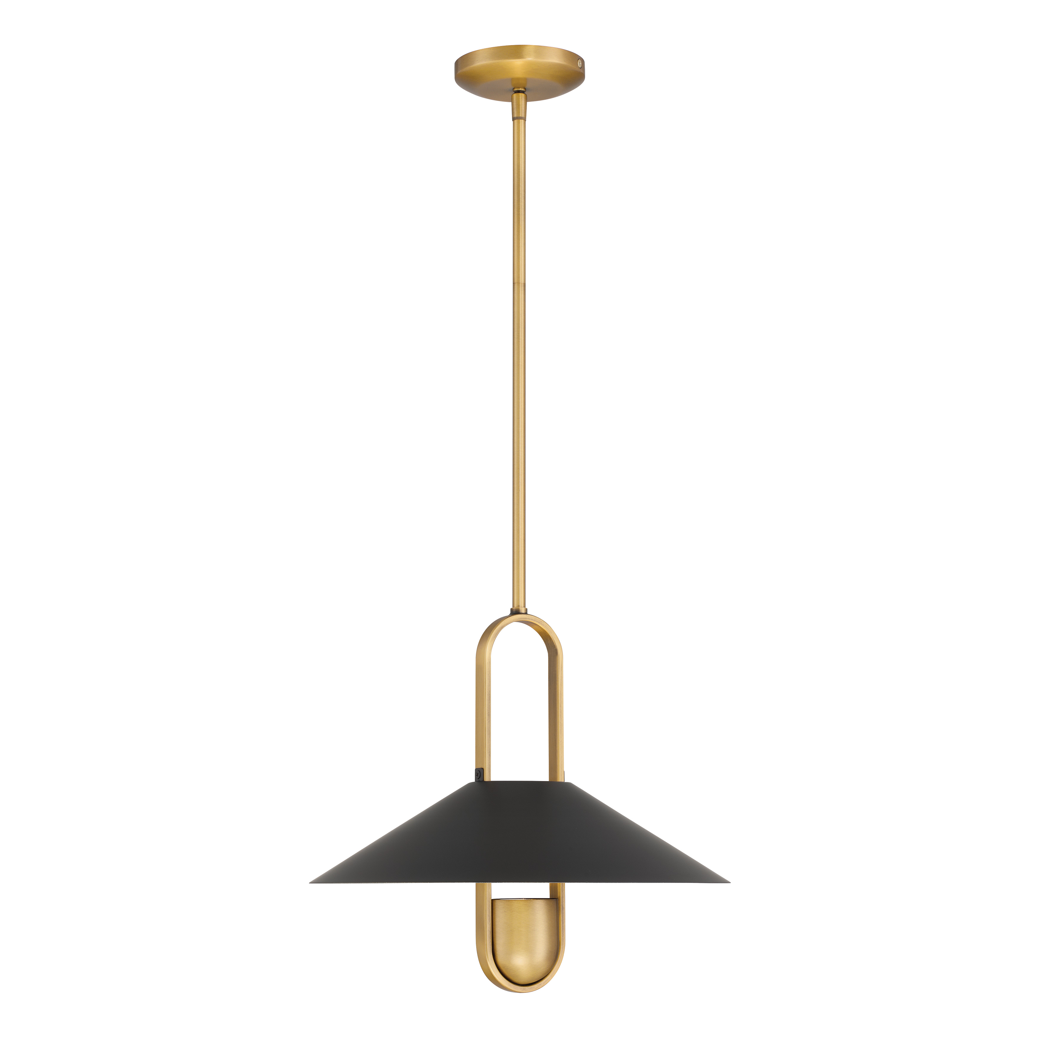 The Goldenridge pendant combines matte black steel with legacy brass detailing for a sophisticated modern look. At 15 inches wide, it's perfectly sized for intimate dining spaces, kitchen islands, or as a statement piece in entryways. - alternate view