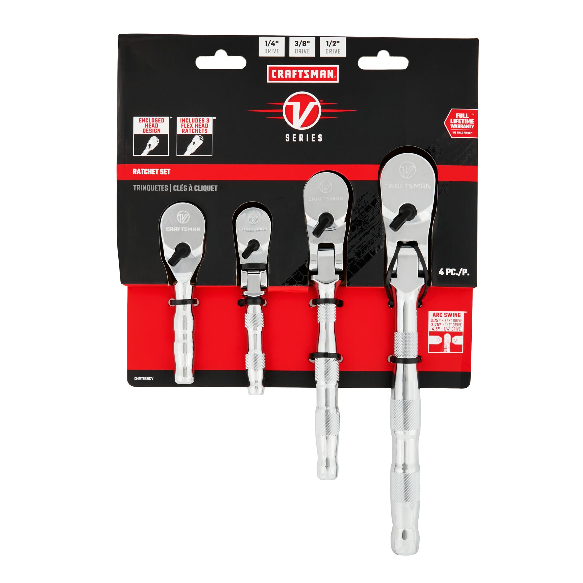 V series quarter inch three eighth inch and half inch drive ratchet set in packaging. 4 pack