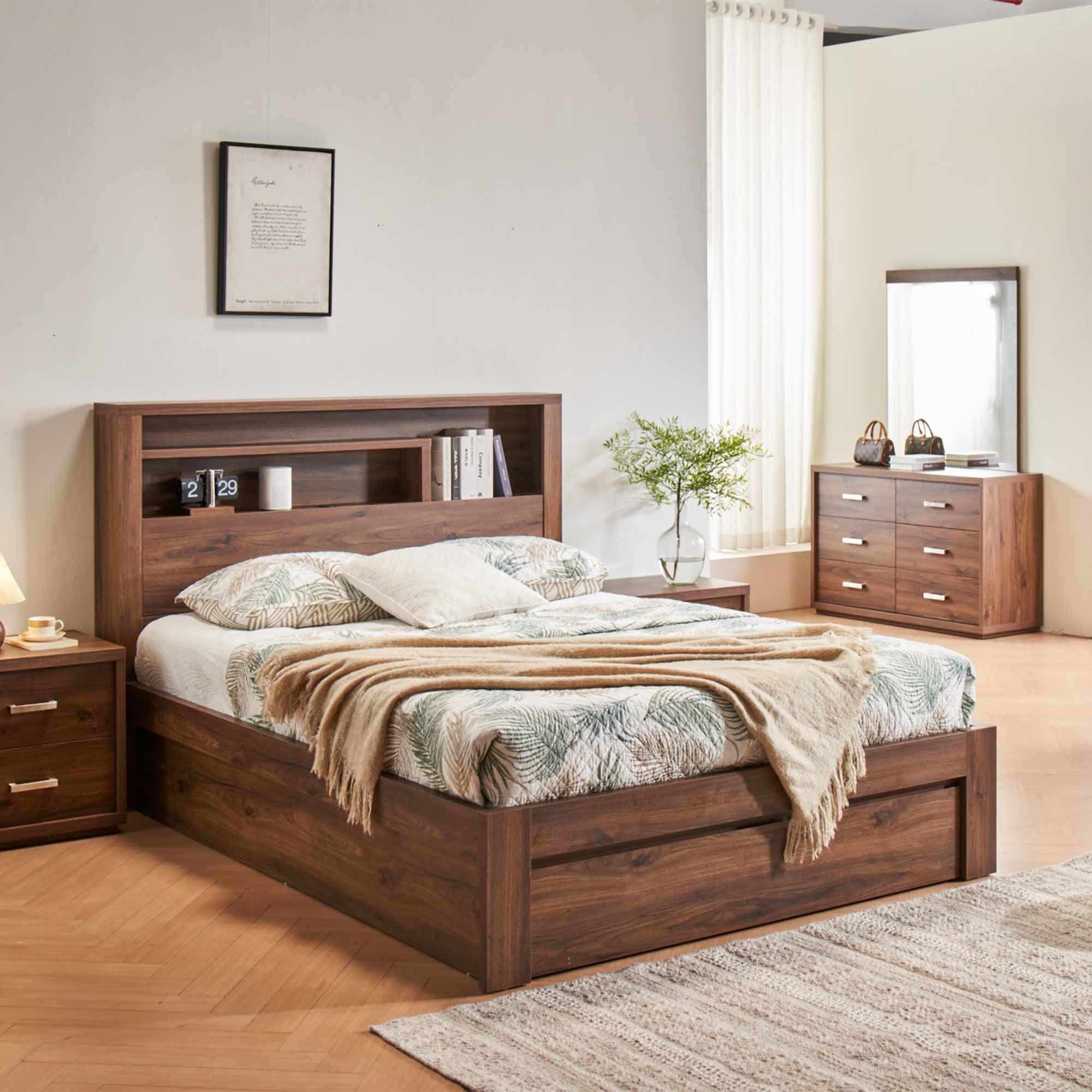Lifestyle image of the  Bellevue Bed Frame, Side Gas Lift & End Drawer Base, Rustic Walnut from Forty Winks