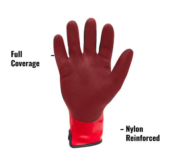 AX360 Shield Grip Latex-dipped Gloves in Black and Red AXSDG-05 showing Full Coverage and Nylon Reinforced