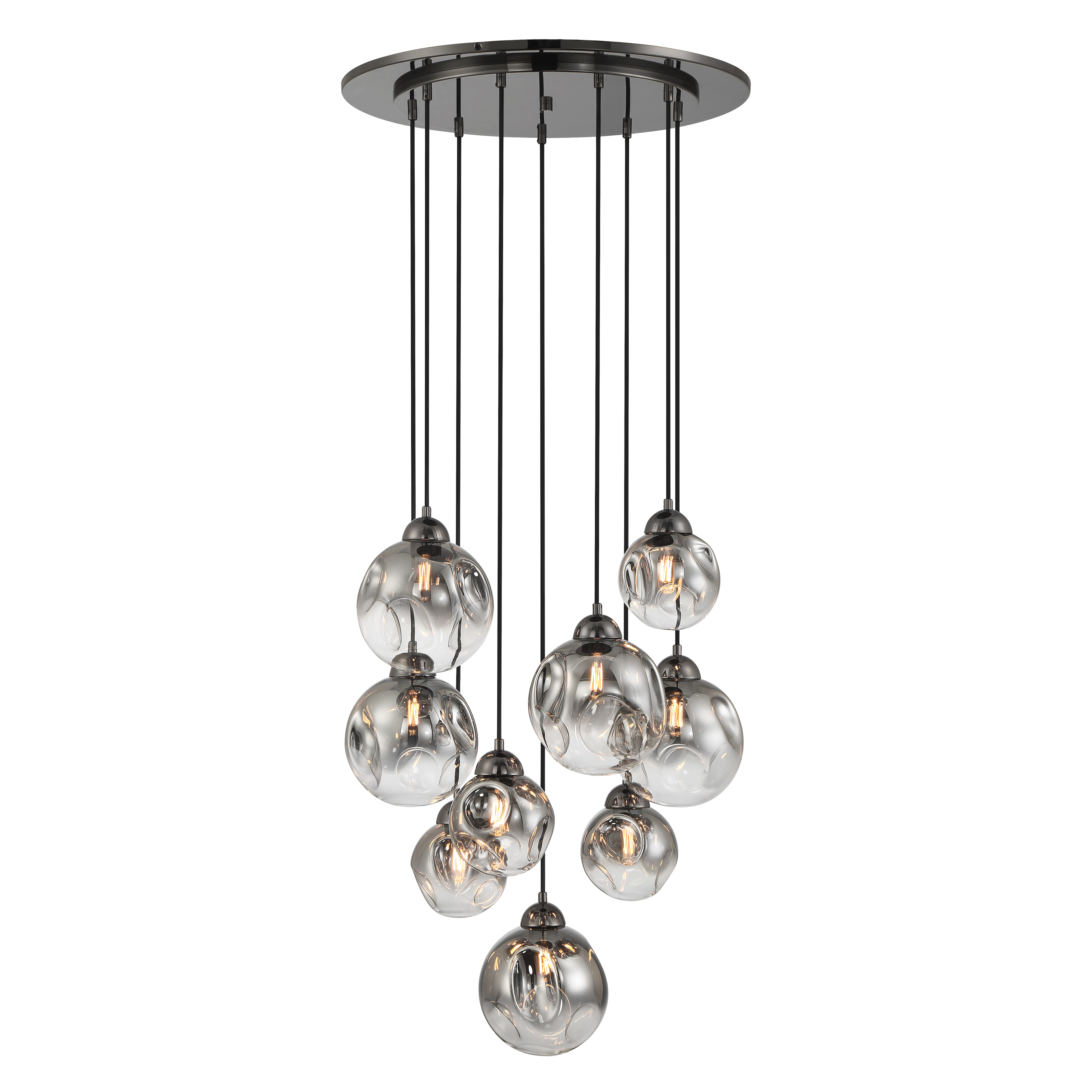 The Neveh 9-Light Pendant combines modern industrial design with sophisticated smoke grey glass shades. Its gun metal finish and generous 24-inch width create dramatic visual impact perfect for dining rooms and kitchen islands. - alternate view